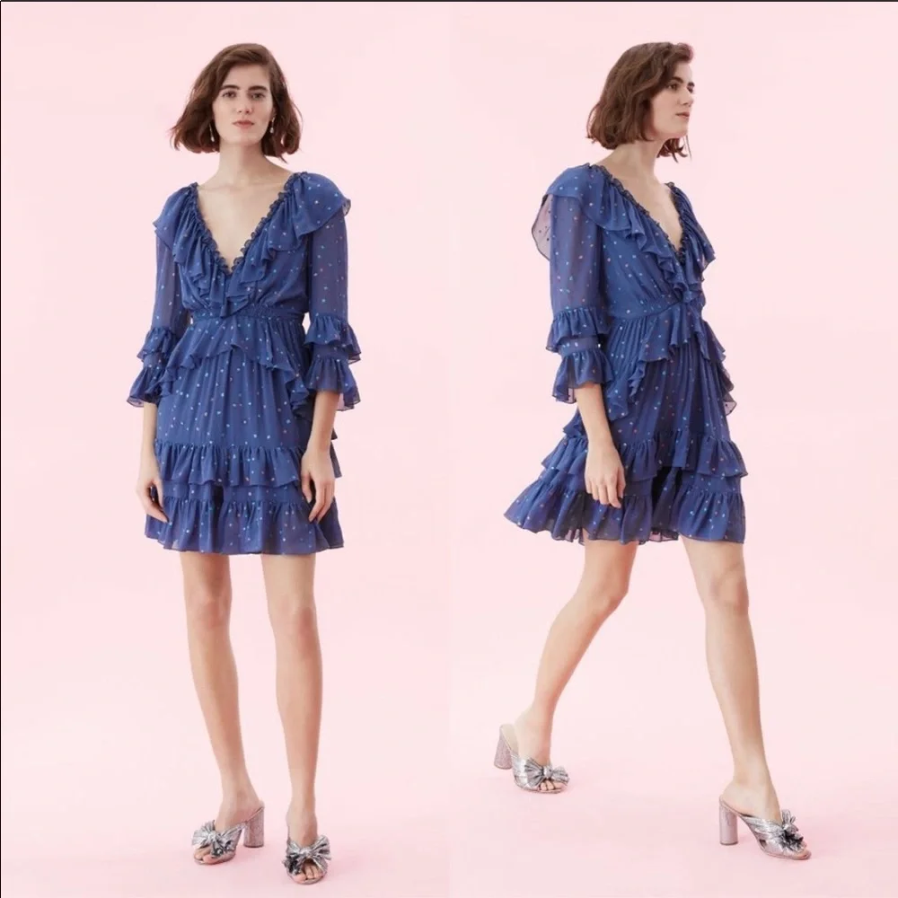 New REBECCA TAYLOR Glitter Gem Chiffon silk long sleeve Dress blue - Picture 2 of 10